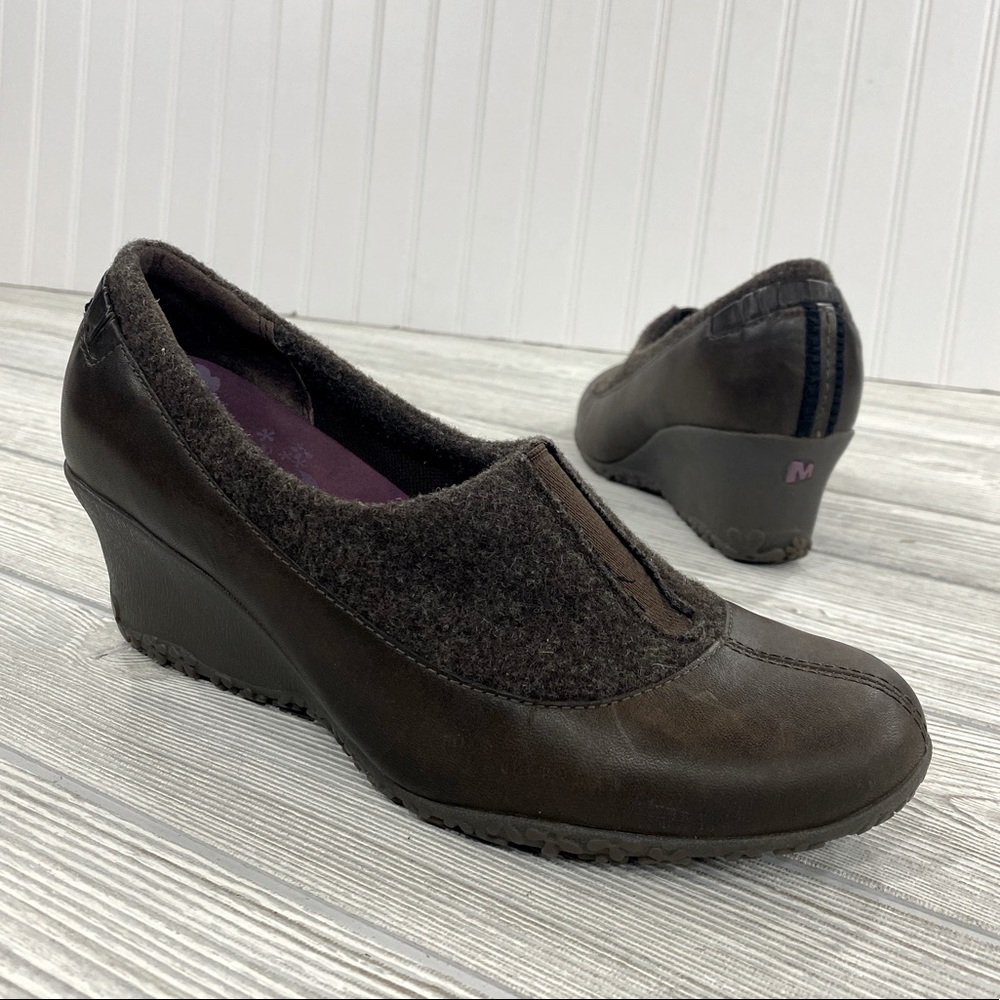 Merrell Tulip Espresso Brown Wool and Leather Wedges - sz 9.5